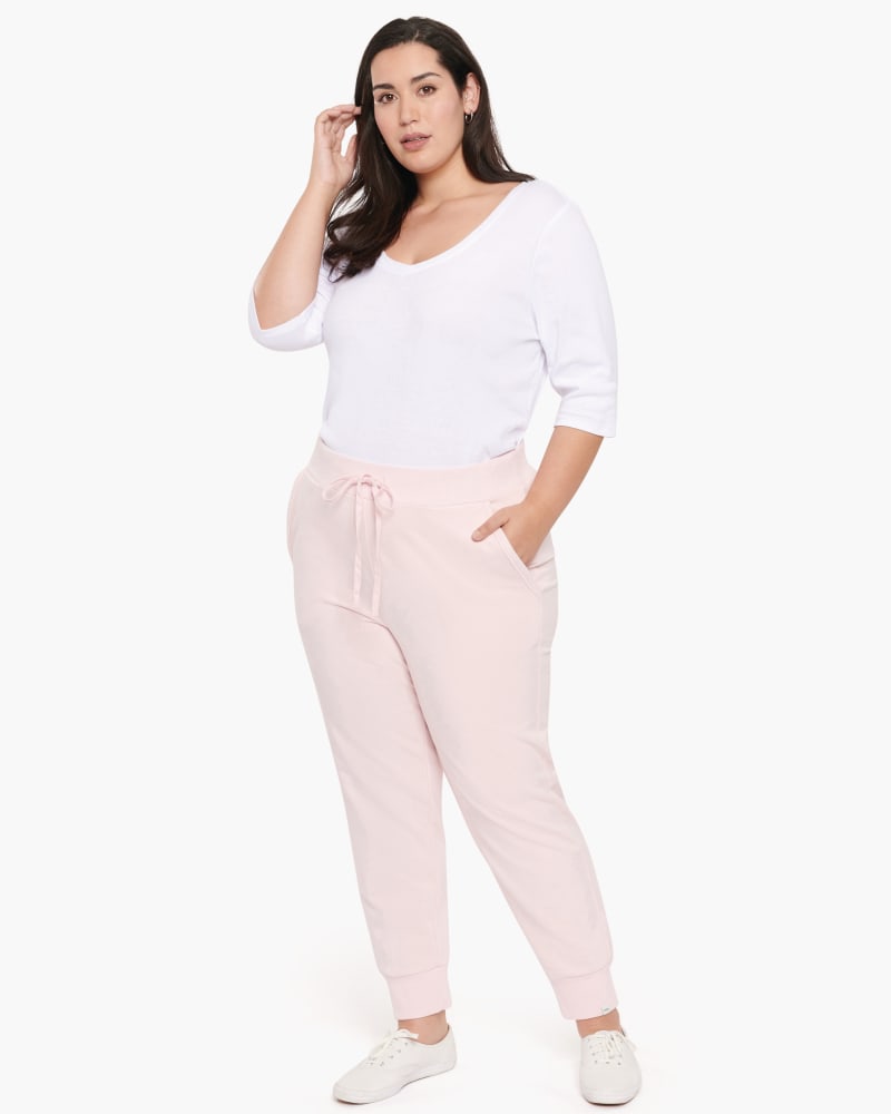 Front of a model wearing a size 0X Camille Drawstring Joggers in Carnation by NYDJ. | dia_product_style_image_id:166432